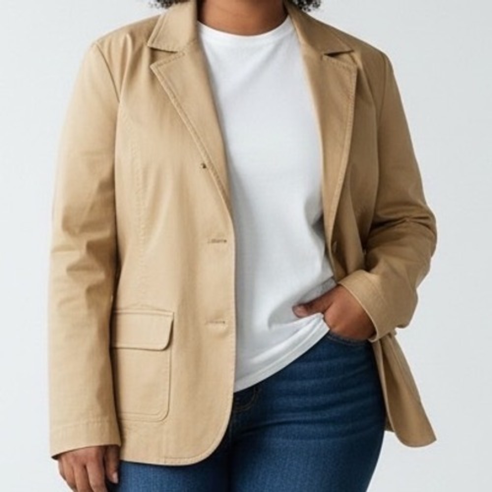 Talbots Womens 18W Khaki Tan‎ Cotton Lycra Blazer Jacket Plus minimalist office